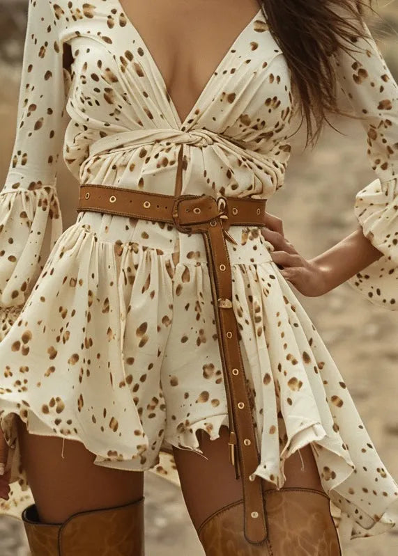 Beige V Neck Print Wrinkled Cotton Mini Dress Spring