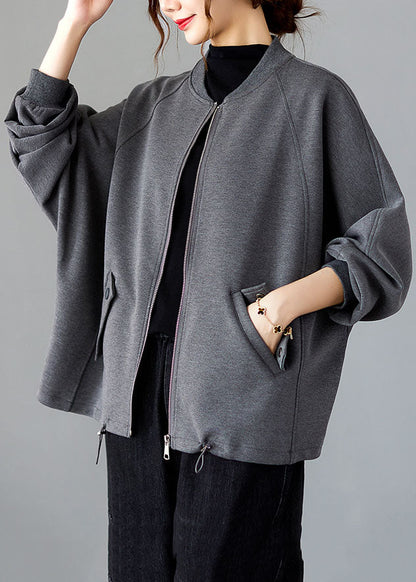 Vogue Grey O-neck Patchwork Drawstring Coat Long Sleeve