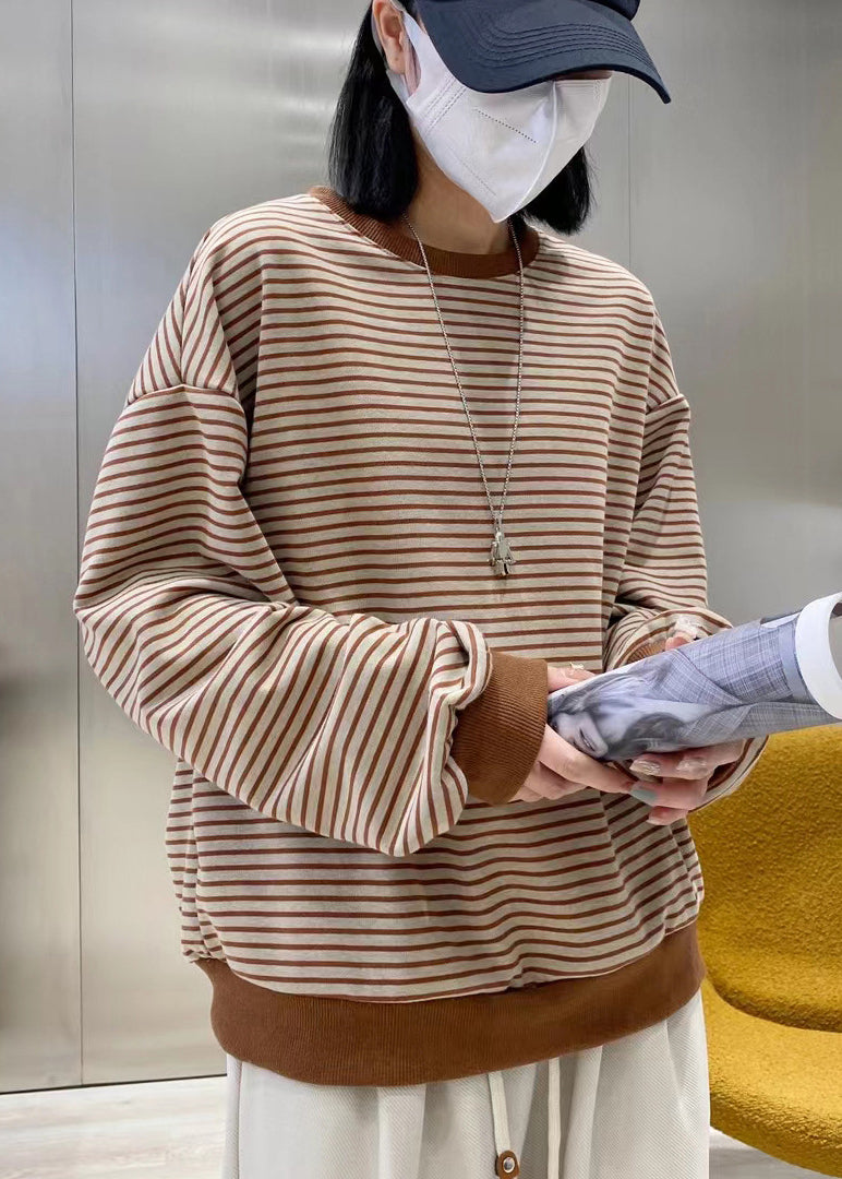 Chocolate O-neck Striped Patchwork Cotton Sweatshirts Top Long Sleeve