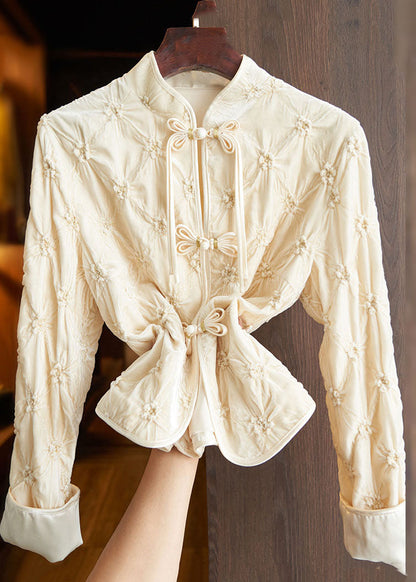 Art Apricot Stand Collar Button Silk Velour Tops Fall