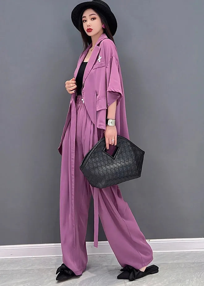 Stylish Purple Notched Collar Tie Waist Low High Design Chiffon Two Pieces Set Summer