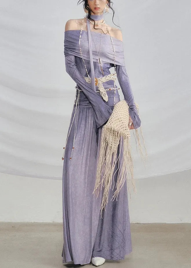 Coffee Slash Neck Print Wrinkled Knitting Cotton Long Dress Flare Sleeve