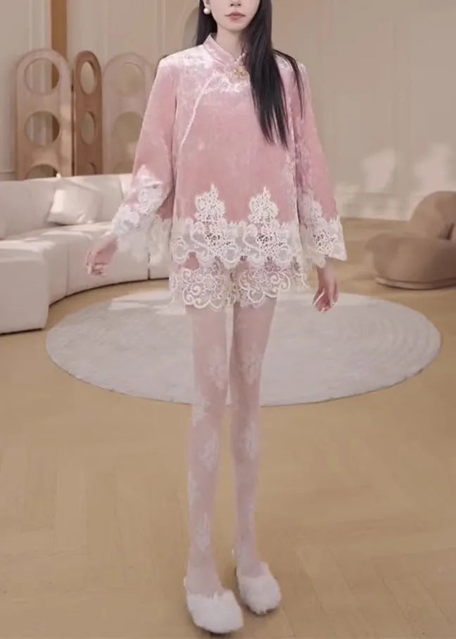Pink Stand Collar Lace Patchwork Silk Velvet Shirts and Shorts Two Pieces Set Fall