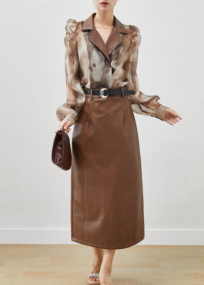 Khaki Tie Dye Patchwork Chiffon Shirt and Faux Leather Skitr Two Piece Set Outfits Puff Sleeve