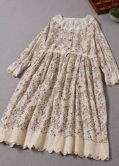 Art Apricot Peter Pan Collar Print Drawstring Dresses Spring