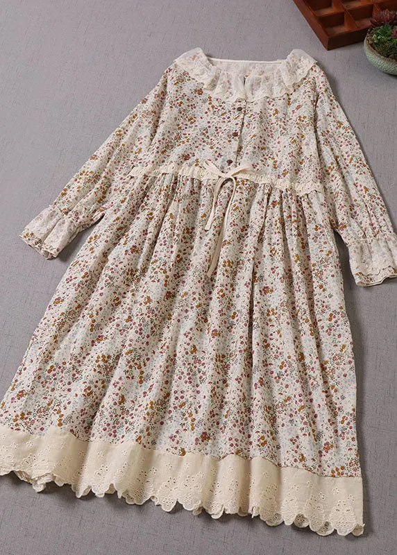 Art Apricot Peter Pan Collar Print Drawstring Dresses Spring