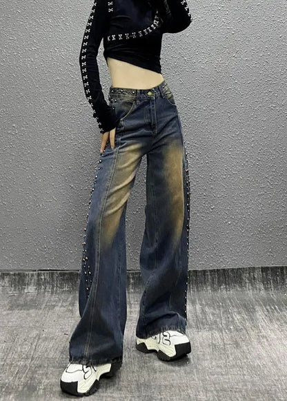 Blue Pockets Rivet High Waist Denim Wide Leg Pants Fall