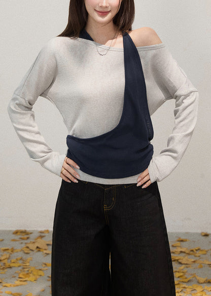 Light Grey Patchwork Cotton Shirt Tops Cold Shoulder Fall