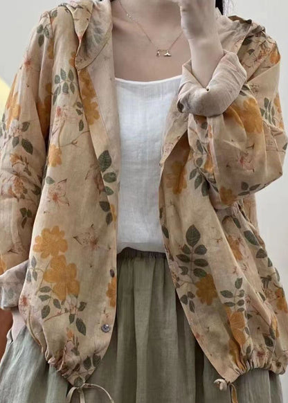 Style Wine Red Hooded Print Lace Up Linen Coats Fall