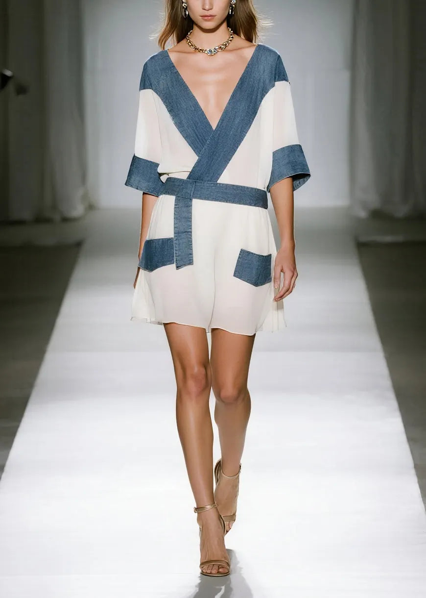 White Patchwork Denim Chiffon Mini Dresses V Neck Summer