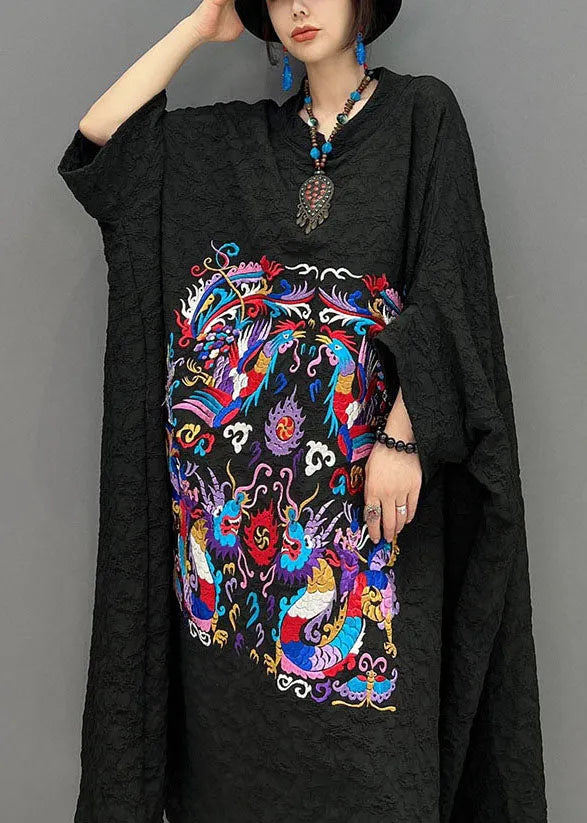 French Black Printing Wrinkled Dresses Gown Batwing Sleeve