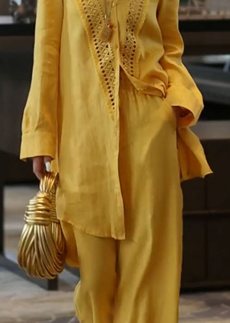 Unique Yellow Hollow Out Linen Sets 2 Pieces Fall