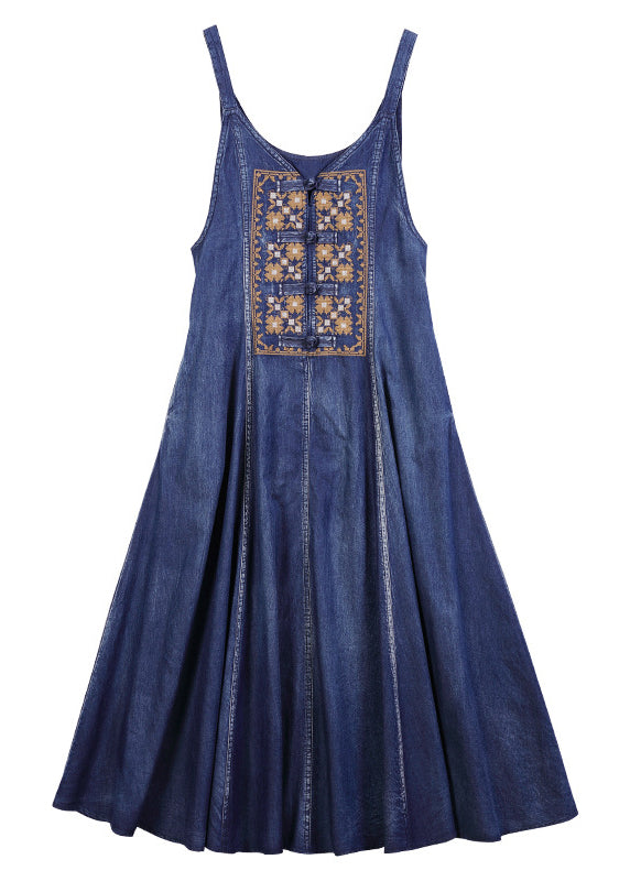 Blue V Neck Embroideried Spaghetti Strap Cotton Long Dress Sleeveless