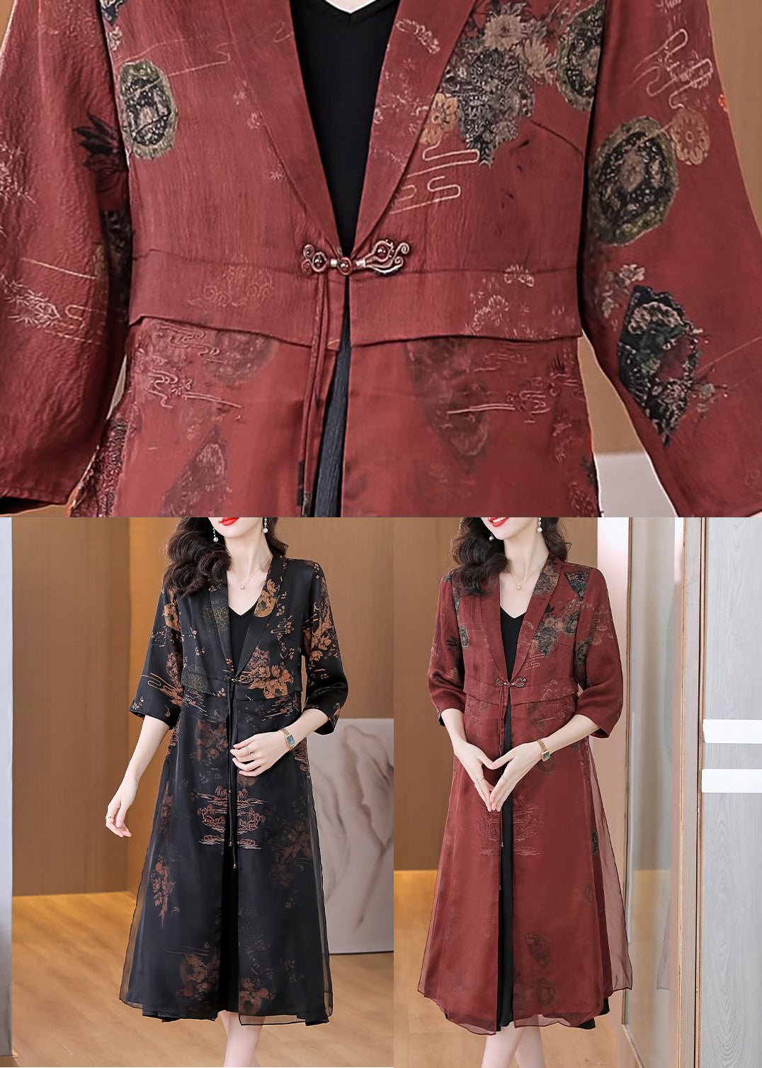 Brick Red Embroideried Silk Cardigans Bracelet Sleeve