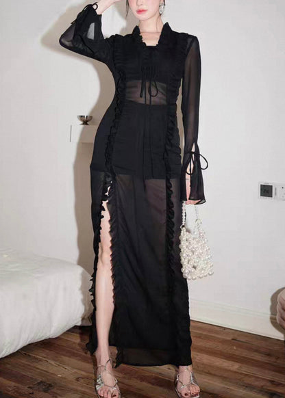Black Lace Up Side Open Chiffon Long Dress Flare Sleeve