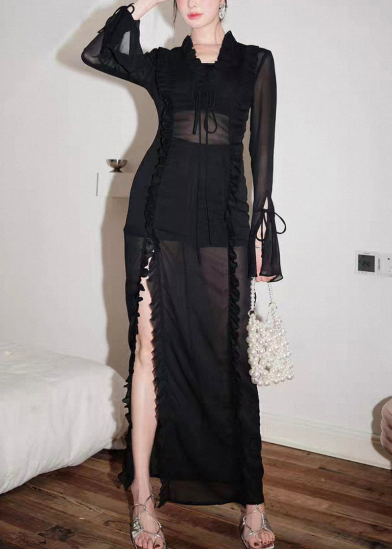 Black Lace Up Side Open Chiffon Long Dress Flare Sleeve