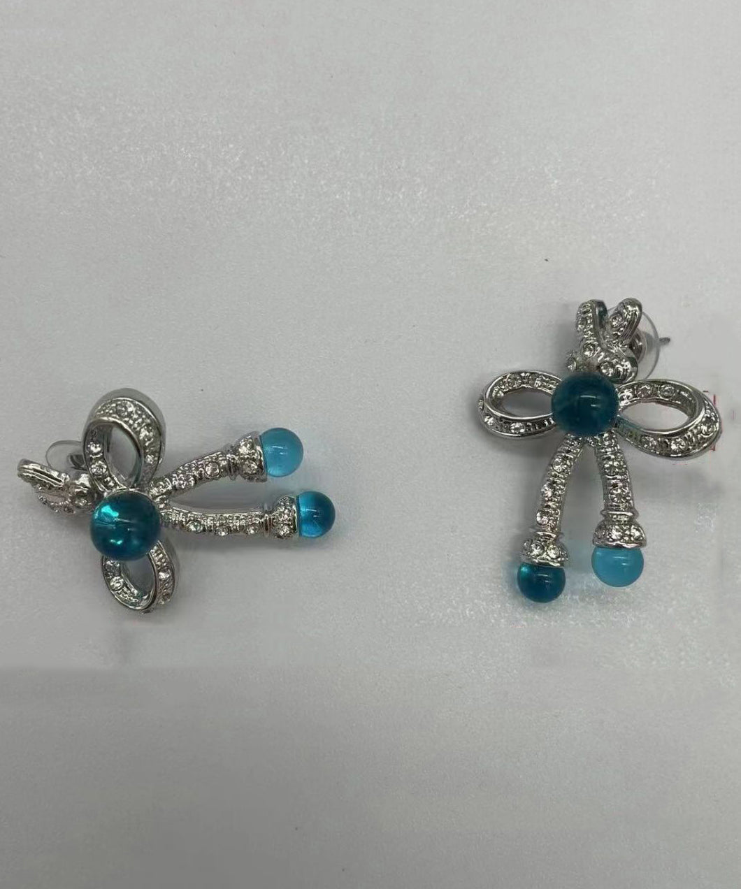 Retro Blue Sterling Silver Crystalcoloured Glaze Bow Stud Earrings