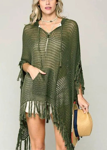 Organic Army Green Knit Fabric Hooded Tassel Beach Gown Holiday Dress
