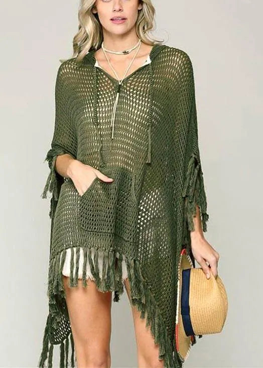 Organic Army Green Knit Fabric Hooded Tassel Beach Gown Holiday Dress