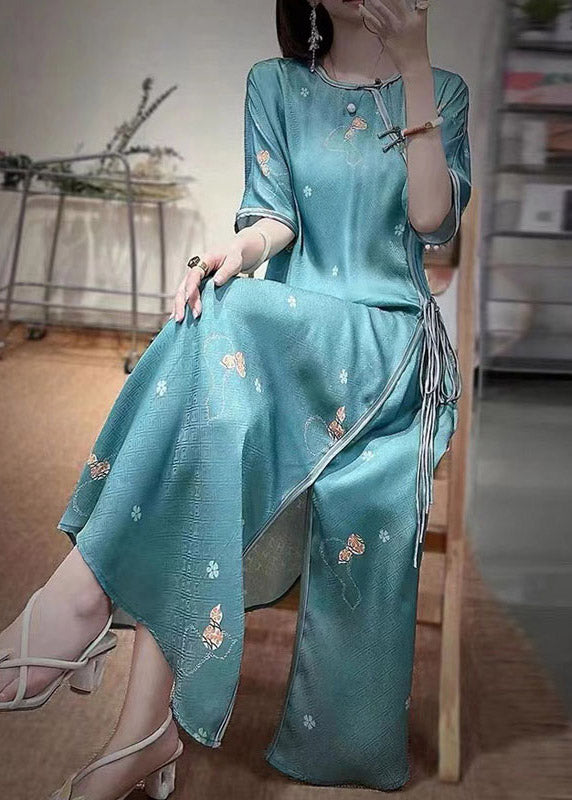 Green O-neck Embroideried Side Open Tie Waist Button Silk Long Dresses Half Sleeve