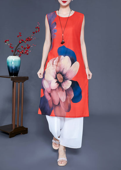Red Chinese Button Print Silk Two Pieces Set Summer