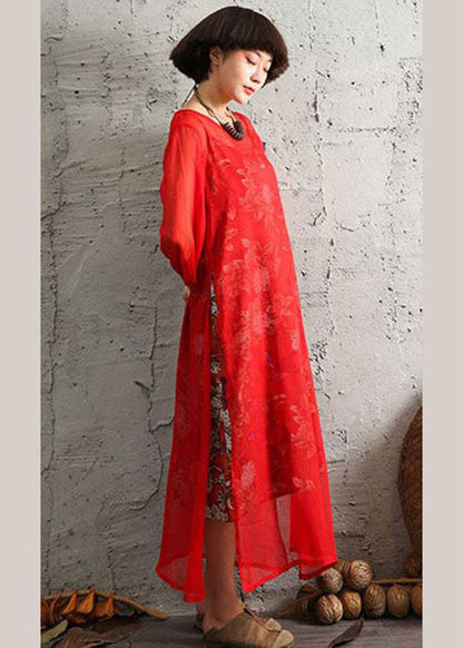 Red O-neck Print Cotton Two Pieces Set Spring