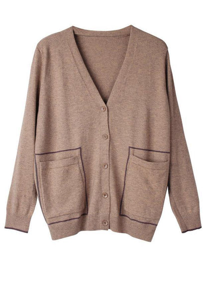 Italian Khaki V Neckpockets Spring Cardigan Long Sleeve