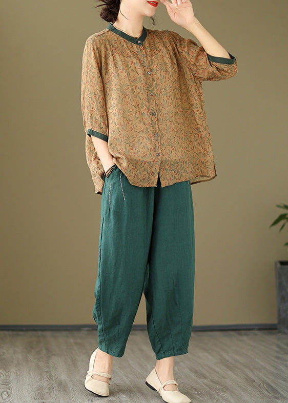 Khaki Pink Tops and Linen Crop Pants Cotton Two Pieces Set Spring