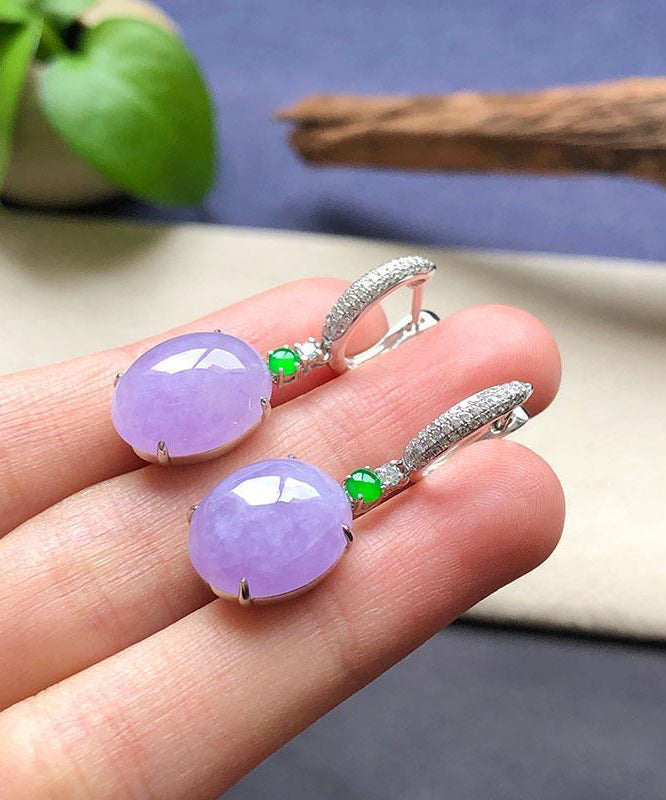 Purple Sterling Silver Inlaid Zircon Jade Drop Earrings