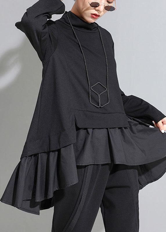 Black Asymmetrical Patchwork Ruffles Fall Top Long Sleeve