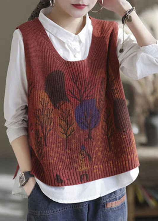 Red Low High Design Side Open Knit Tanks Sleeveless