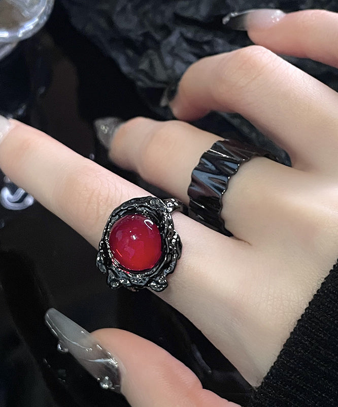 Retro Black Metal Gem Stone Rings Two Piece Set