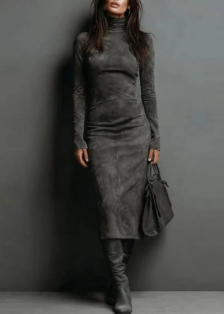 Khaki Hign Neck Slim Fit Faux Suede Dresses Spring