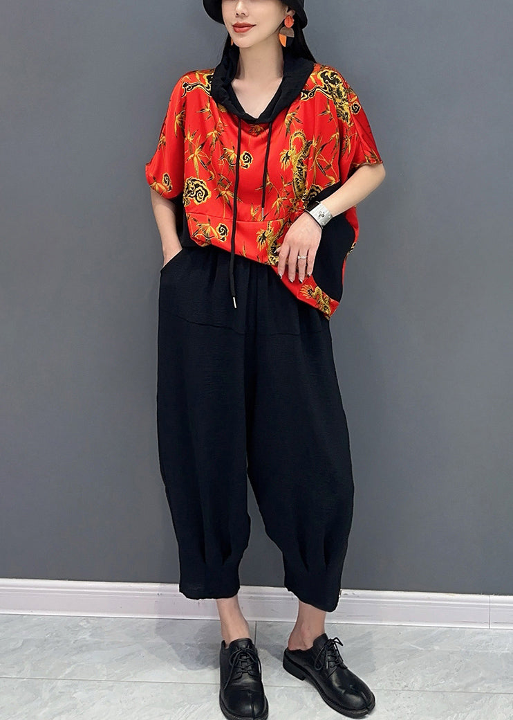 Orange Hooded Cotton Two Piece Set Clothing Summer