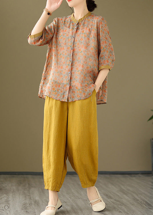 Orange Button Pockets Cotton Two-piece Set Pink Half Sleeve Bracelet Sleeve