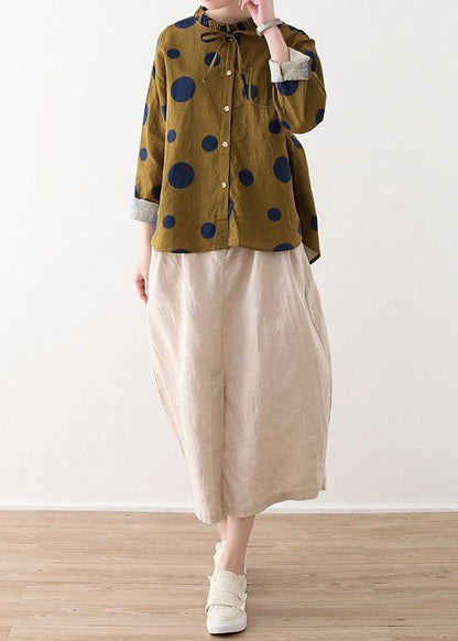 Spring Yellow Literature and Art Linen Ruffled Collar Top