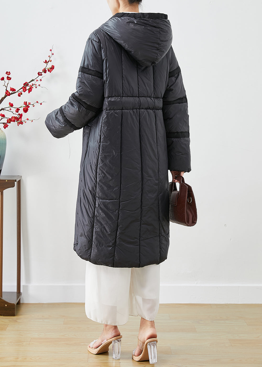 Classy Black Tie Waist Oversized Warm Duck Down Jacket in Winter