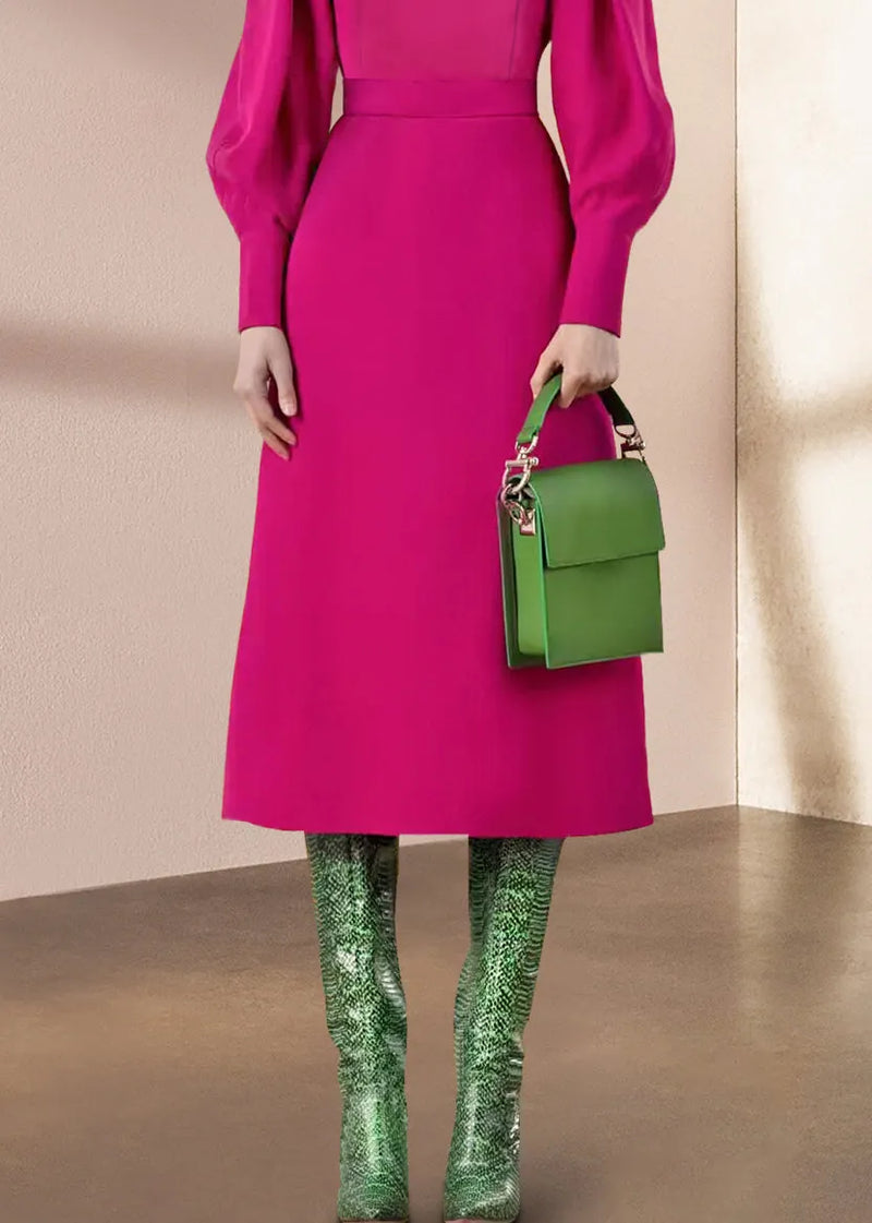 Italian Rose O Neck Slim Fit Silk Dress Lantern Sleeve