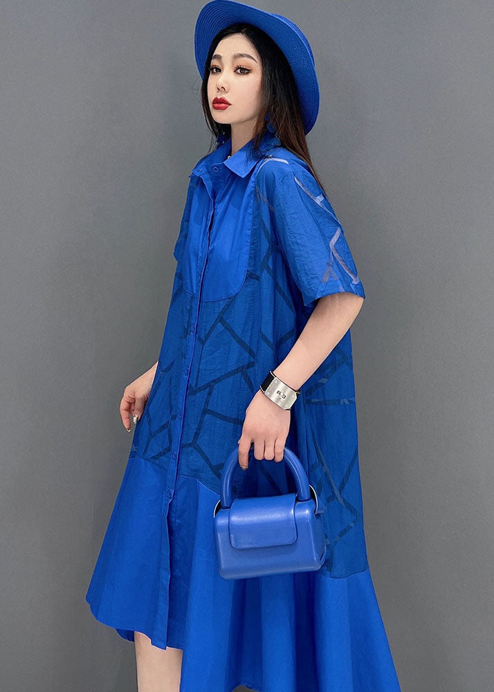 Blue Peter Pan Collar Patchwork Ruffles Low High Design Cotton Dress Short Sleeve