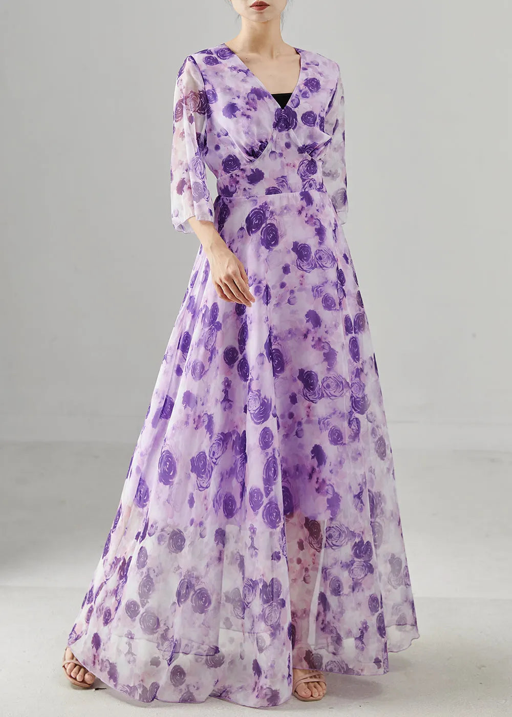 Purple Print Exra Large Hem Chiffon Long Dresses Summer