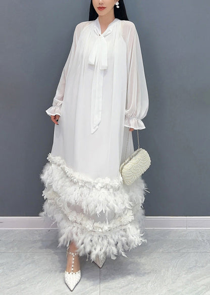 Stylish Green Feather Lace Up Patchwork Chiffon Maxi Dress Long Sleeve Spring