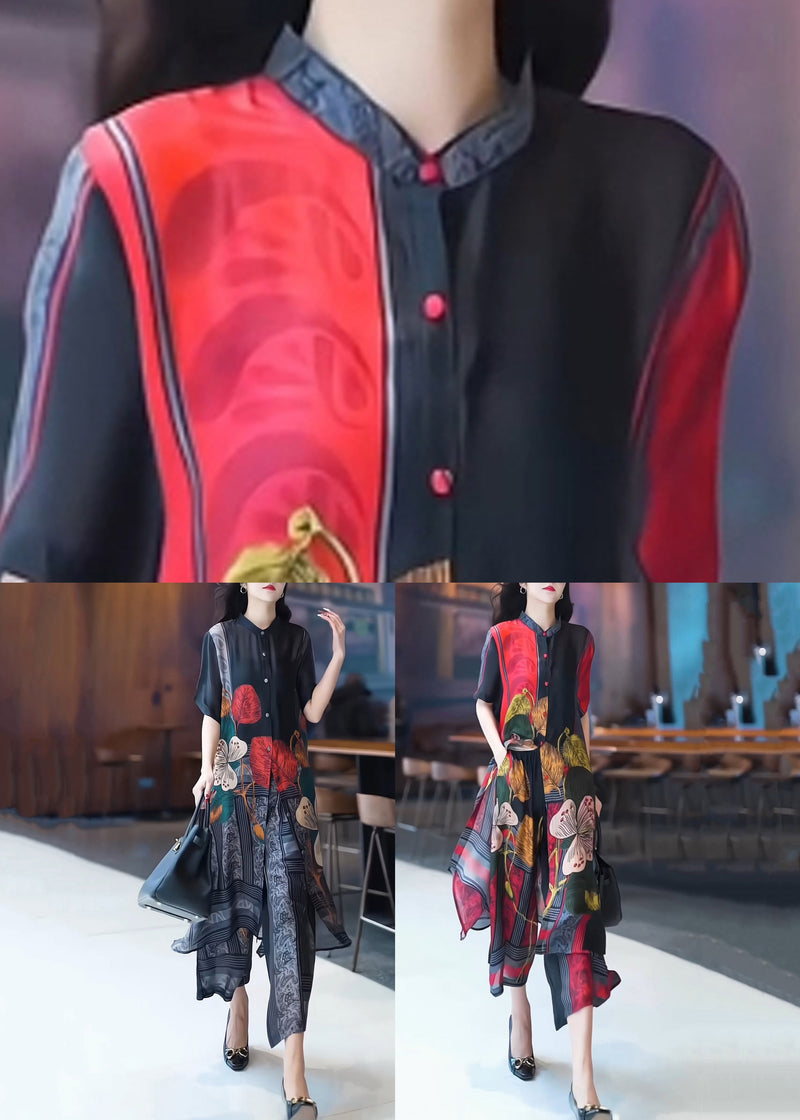 New Red Print Tops and Wide Leg Pants Silk Two Piece Set Summer