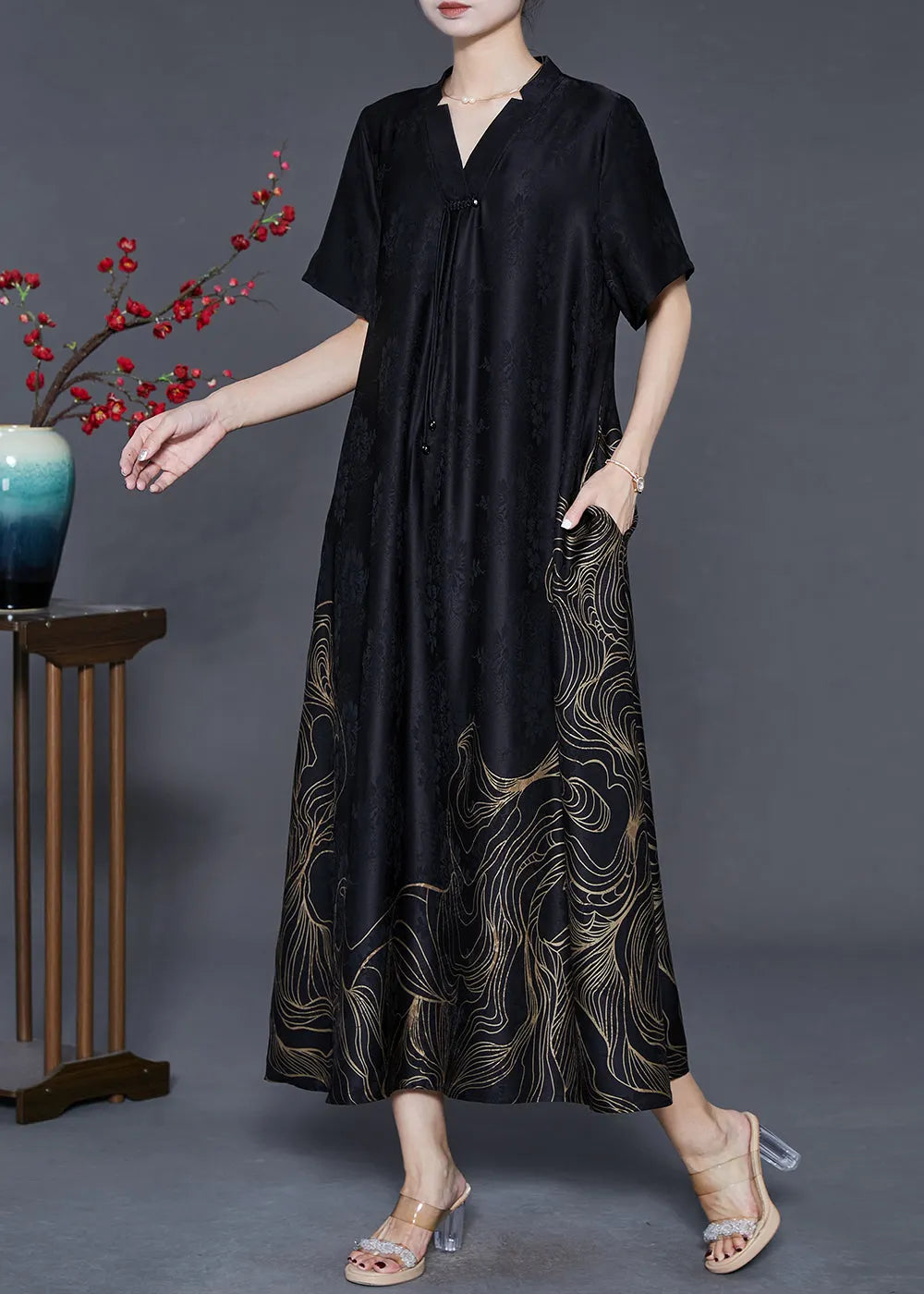 Black Tasseled Print Silk Dresses Summer