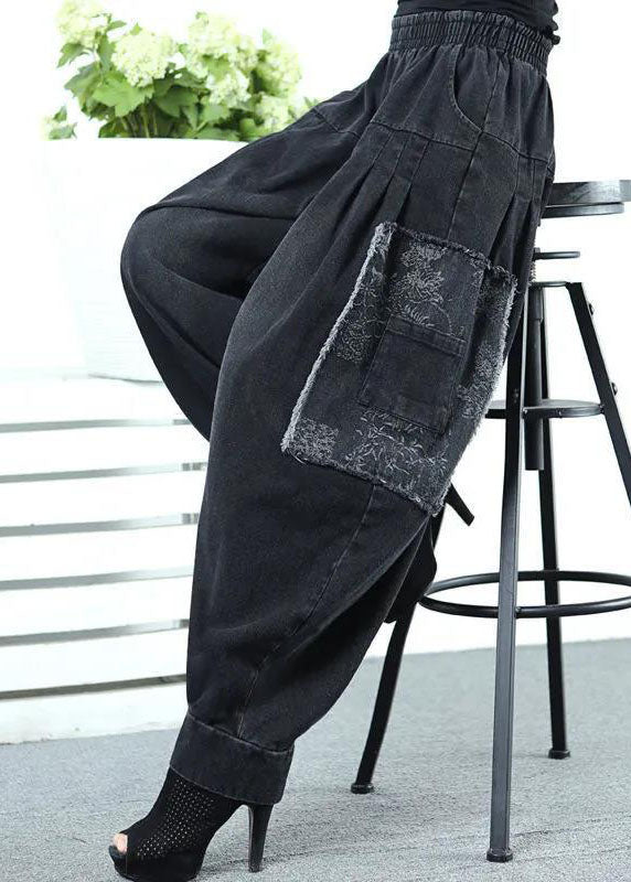 Black High Waist Pockets Wrinkled Patchwork Applique Cotton Harem Pants Fall