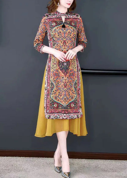 Fitted Yellow Stand Collar Patchwork Print Chiffon Fake Two Piece Dress Summer
