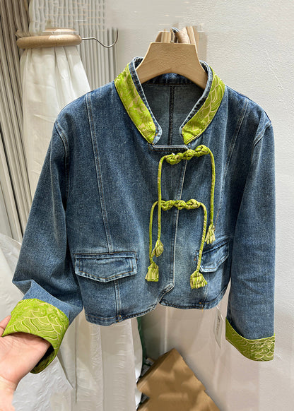 Green Stand Collar Chinese Button Denim Coat Spring