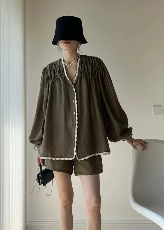 Green V Neck Wrinkled Patchwork Cotton Two Pieces Set Summer