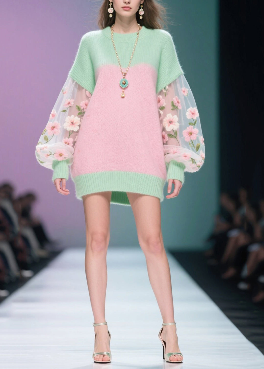 Stylish Colorblock Oversized Patchwork Tulle Sweater Dress Fall