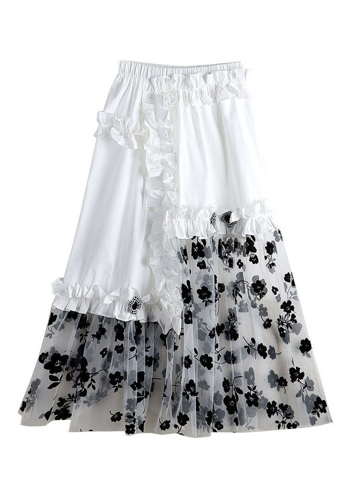 White Embroideried Elastic Waist Asymmetrical Patchwork Tulle a Line Skirt Summer