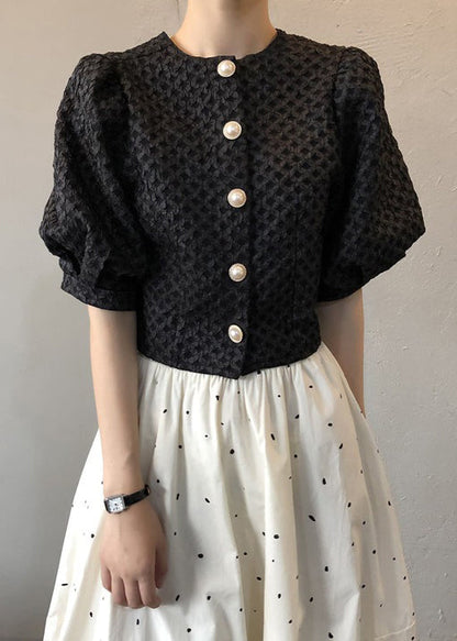 Black Button Wrinkled Cotton Blouseso Neck Puff Sleeve
